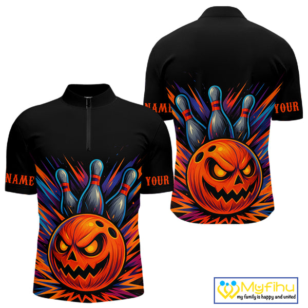 Funny Orange and Black Pumpkin Halloween Bowling Polo, 1/4 Zip Shirts For Men, Bowling Team Jersey NQS10470