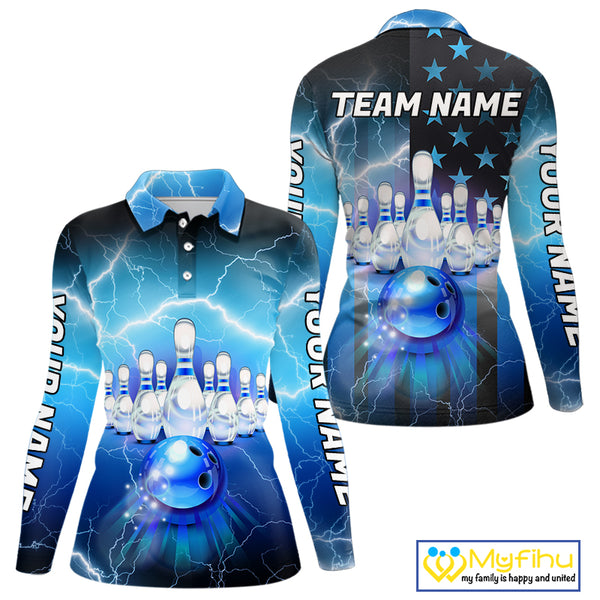 Blue lightning thunder American flag Bowling shirts for Women Custom patriotic bowling team jersey NQS10148