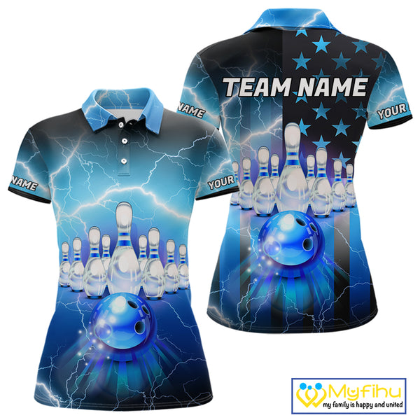 Blue lightning thunder American flag Bowling shirts for Women Custom patriotic bowling team jersey NQS10148