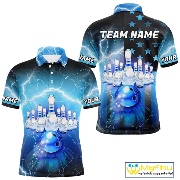 Blue lightning thunder American flag Bowling shirts for Men Custom patriotic bowling team jersey NQS10148