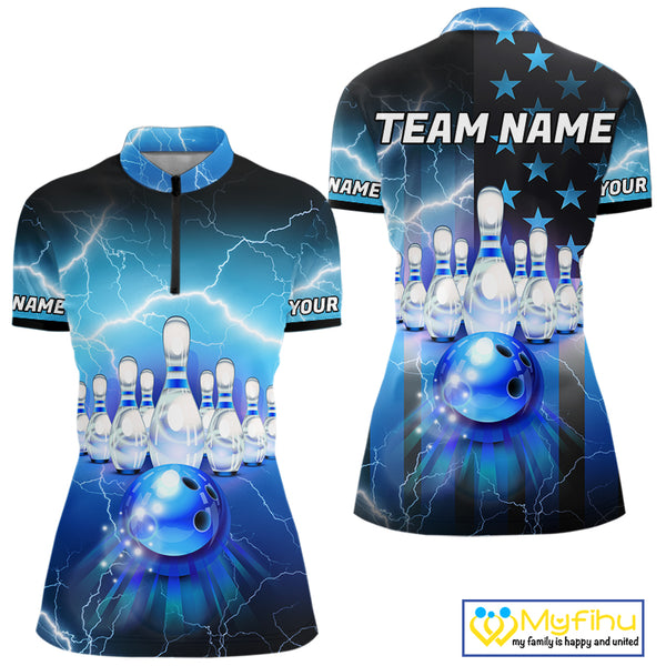 Blue lightning thunder American flag Bowling shirts for Women Custom patriotic bowling team jersey NQS10148