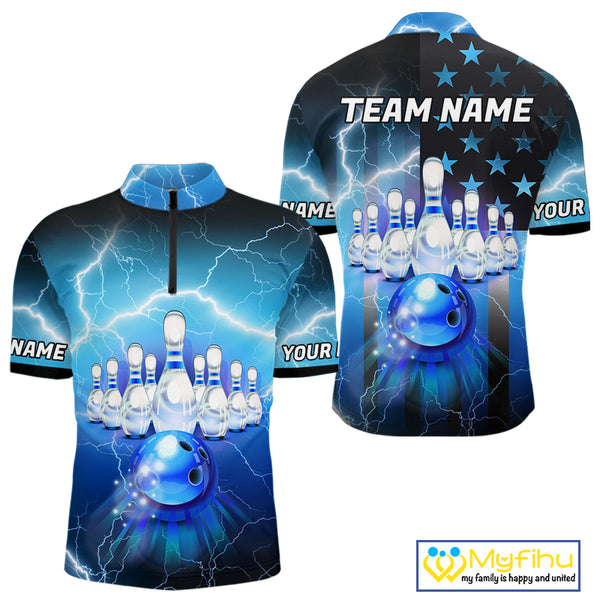Blue lightning thunder American flag Bowling shirts for Men Custom patriotic bowling team jersey NQS10148
