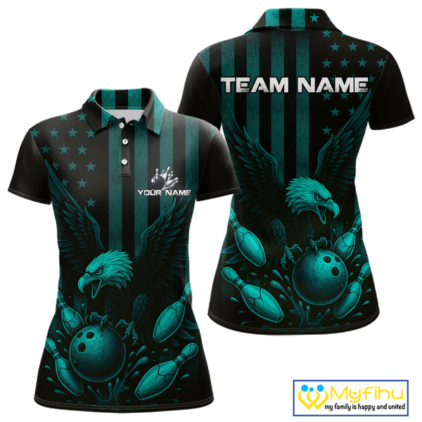 Black and Cyan Blue American Flag Eagle Bowling Shirt For Women Custom Patriotic Team bowling jerseys NQS10478