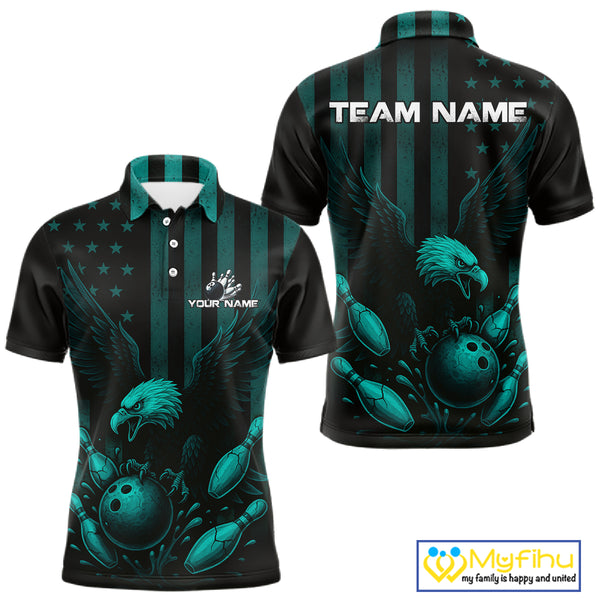 Black and Cyan Blue American Flag Eagle Bowling Shirt For Mens Custom Patriotic Team bowling jerseys NQS10478