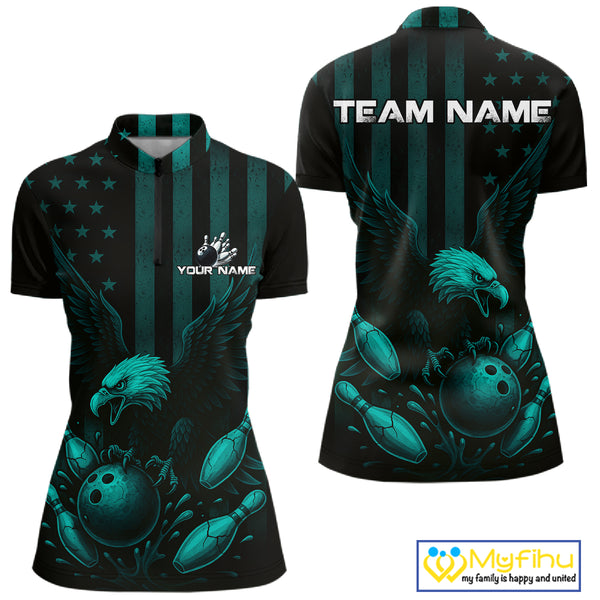 Black and Cyan Blue American Flag Eagle Bowling Shirt For Women Custom Patriotic Team bowling jerseys NQS10478