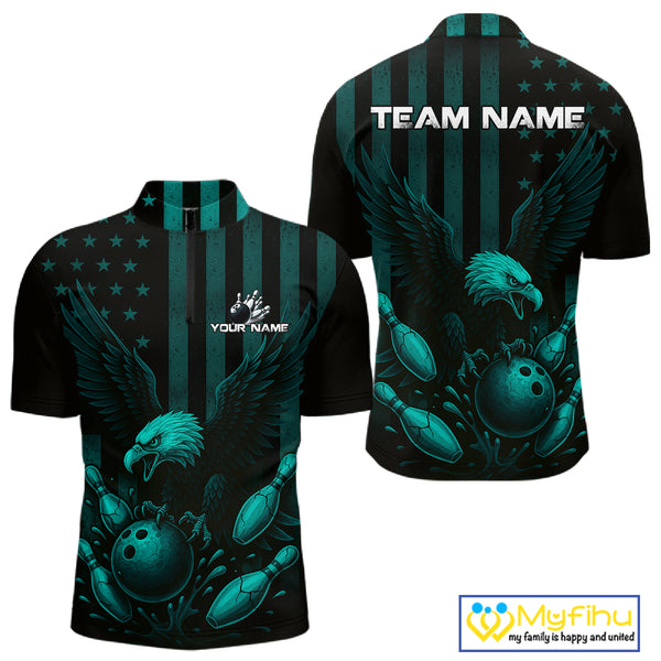 Black and Cyan Blue American Flag Eagle Bowling Shirt For Mens Custom Patriotic Team bowling jerseys NQS10478