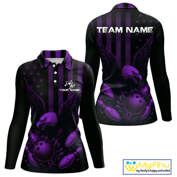 Black and Purple American Flag Eagle Bowling Shirt For Women Custom Patriotic Team bowling jerseys NQS10479