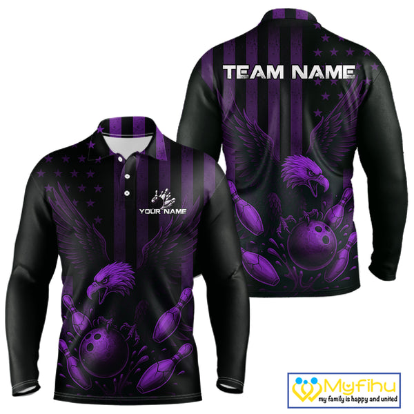 Black and Purple American Flag Eagle Bowling Shirt For Mens Custom Patriotic Team bowling jerseys NQS10479