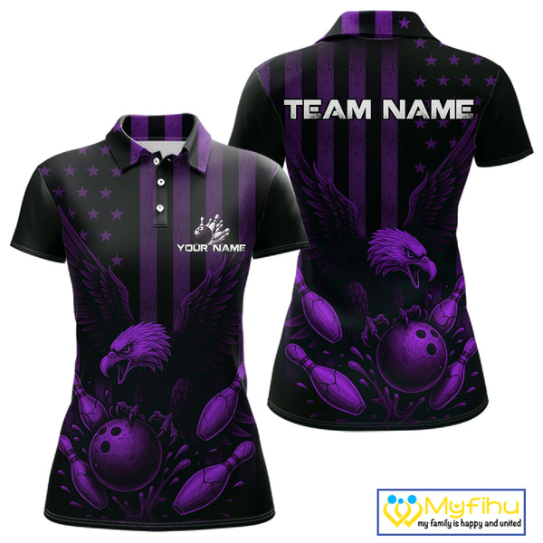 Black and Purple American Flag Eagle Bowling Shirt For Women Custom Patriotic Team bowling jerseys NQS10479