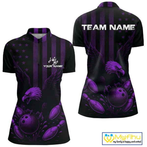 Black and Purple American Flag Eagle Bowling Shirt For Women Custom Patriotic Team bowling jerseys NQS10479