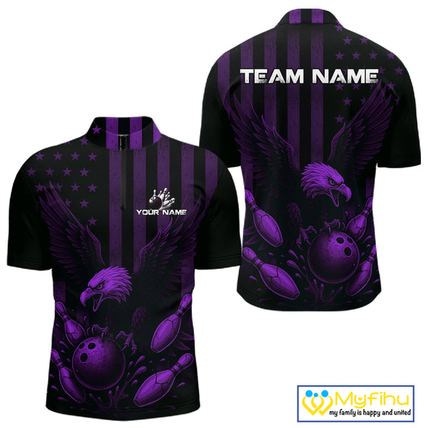 Black and Purple American Flag Eagle Bowling Shirt For Mens Custom Patriotic Team bowling jerseys NQS10479