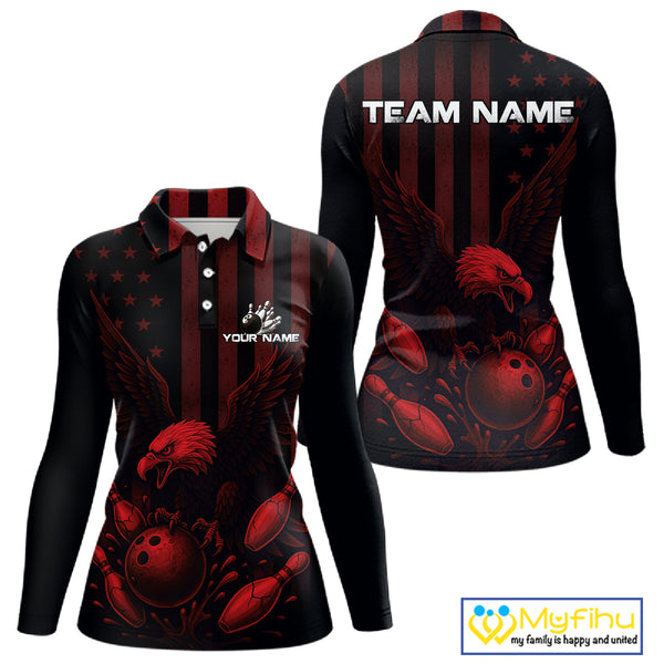 Black and Red American Flag Eagle Bowling Shirt For Women Custom Patriotic Team bowling jerseys NQS10480