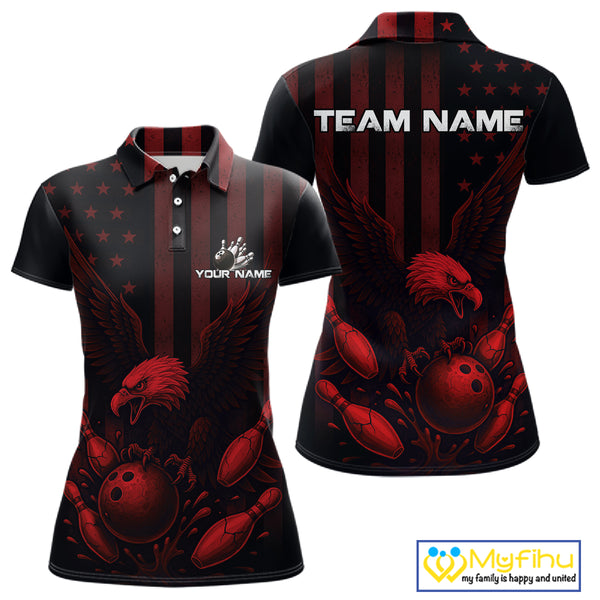 Black and Red American Flag Eagle Bowling Shirt For Women Custom Patriotic Team bowling jerseys NQS10480