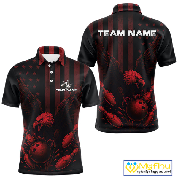 Black and Red American Flag Eagle Bowling Shirt For Mens Custom Patriotic Team bowling jerseys NQS10480