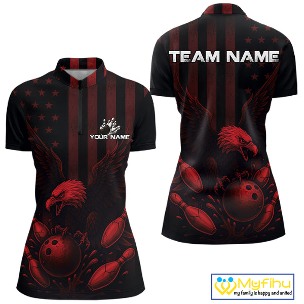 Black and Red American Flag Eagle Bowling Shirt For Women Custom Patriotic Team bowling jerseys NQS10480