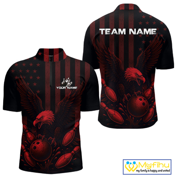 Black and Red American Flag Eagle Bowling Shirt For Mens Custom Patriotic Team bowling jerseys NQS10480