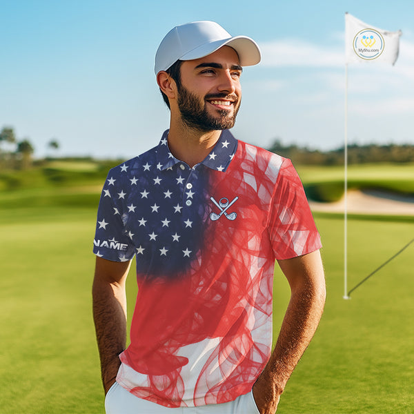 Custom Smoke American Flag Patriotic Golf Polo Shirt For Men, Personalized Mens Golf top NQS10497