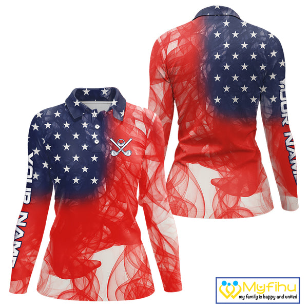 Custom Smoke American Flag Patriotic Golf Polo Shirt For Women, Personalized Ladies Golf top NQS10497