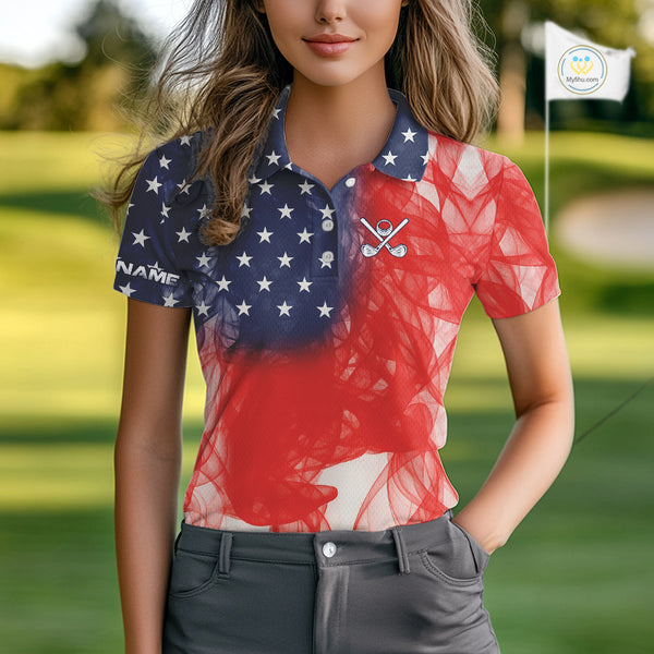 Custom Smoke American Flag Patriotic Golf Polo Shirt For Women, Personalized Ladies Golf top NQS10497