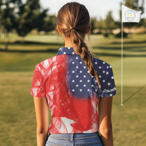 Custom Smoke American Flag Patriotic Golf Polo Shirt For Women, Personalized Ladies Golf top NQS10497