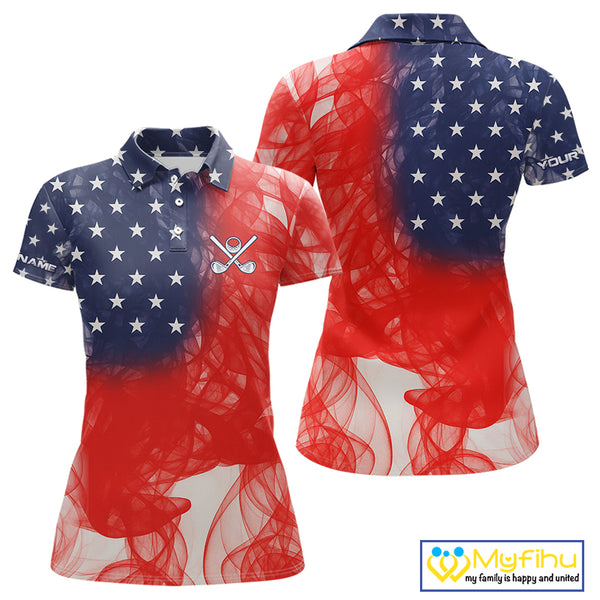 Custom Smoke American Flag Patriotic Golf Polo Shirt For Women, Personalized Ladies Golf top NQS10497