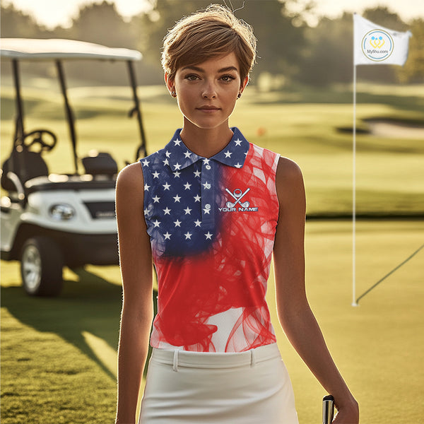 Custom Smoke American Flag Patriotic Golf Sleeveless Polo Shirt, Personalized Ladies Golf top NQS10497