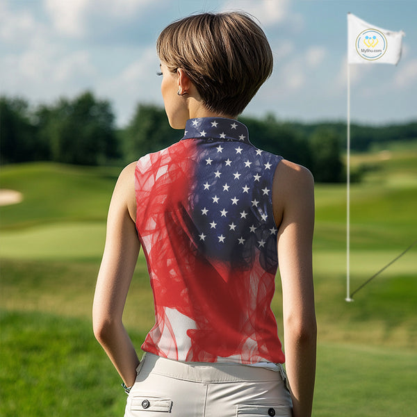 Custom Smoke American Flag Patriotic Golf Sleeveless Polo Shirt, Personalized Ladies Golf top NQS10497