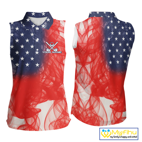 Custom Smoke American Flag Patriotic Golf Sleeveless Polo Shirt, Personalized Ladies Golf top NQS10497