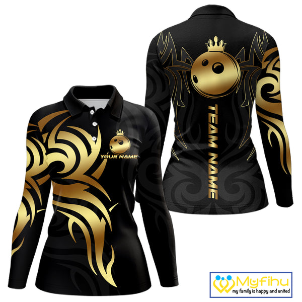 Black and Gold crown Bowling ball Polo, Quarter Zip Shirts for Women Custom Bowling Team jerseys NQS10499