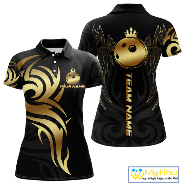 Black and Gold crown Bowling ball Polo, Quarter Zip Shirts for Women Custom Bowling Team jerseys NQS10499