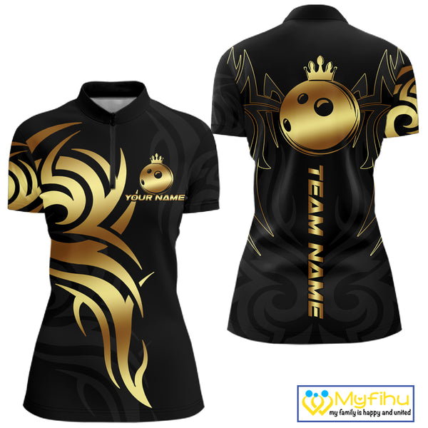 Black and Gold crown Bowling ball Polo, Quarter Zip Shirts for Women Custom Bowling Team jerseys NQS10499