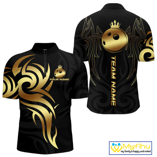 Black and Gold crown Bowling ball Polo, Quarter Zip Shirts for Men Custom Bowling Team jerseys NQS10499
