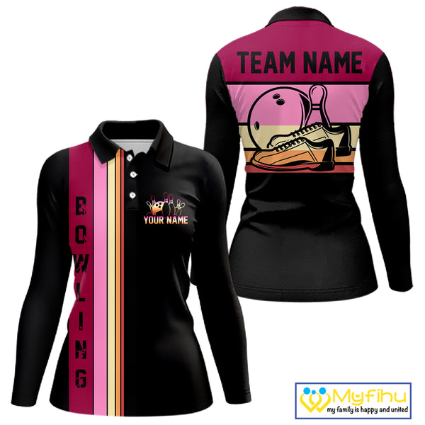 Black and Pink Retro Bowling Polo, Quarter Zip Shirts for Women Custom Team Bowling League Jerseys NQS10503