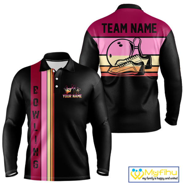 Black and Pink Retro Bowling Polo, Quarter Zip Shirts for Men Custom Team Bowling League Jerseys NQS10503