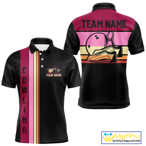 Black and Pink Retro Bowling Polo, Quarter Zip Shirts for Men Custom Team Bowling League Jerseys NQS10503