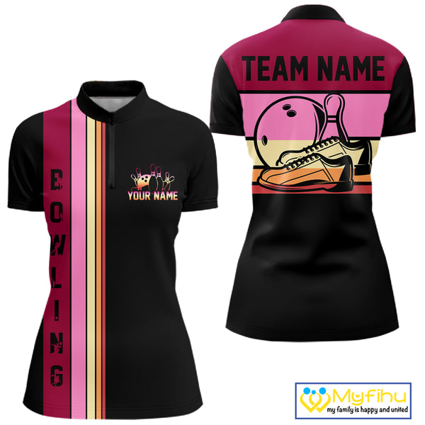 Black and Pink Retro Bowling Polo, Quarter Zip Shirts for Women Custom Team Bowling League Jerseys NQS10503