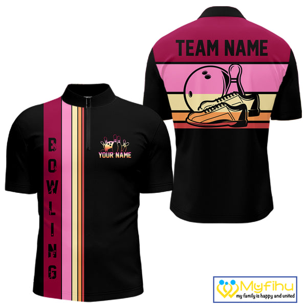 Black and Pink Retro Bowling Polo, Quarter Zip Shirts for Men Custom Team Bowling League Jerseys NQS10503