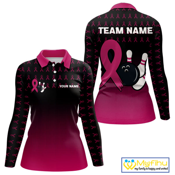 Black and Pink ribbon pattern Bowling shirts for Women Custom breast cancer bowling team jerseys NQS10158