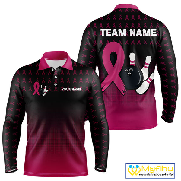 Black and Pink ribbon pattern Bowling shirts for Men Custom breast cancer bowling team jerseys NQS10158