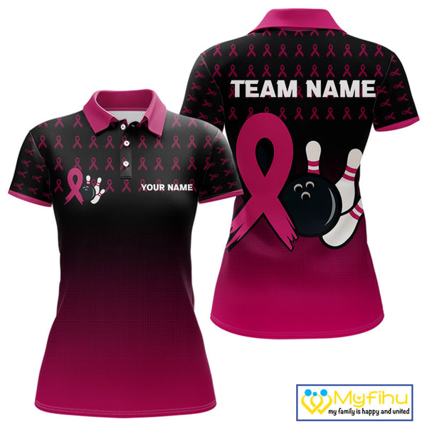 Black and Pink ribbon pattern Bowling shirts for Women Custom breast cancer bowling team jerseys NQS10158