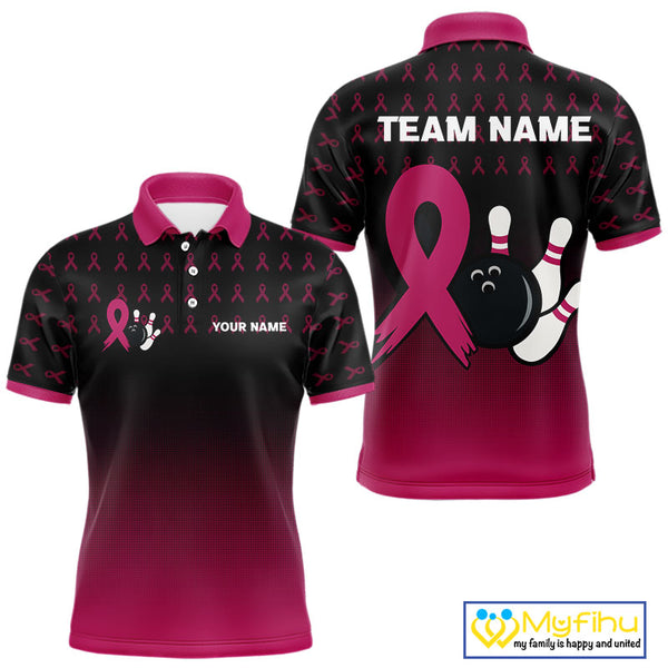 Black and Pink ribbon pattern Bowling shirts for Men Custom breast cancer bowling team jerseys NQS10158