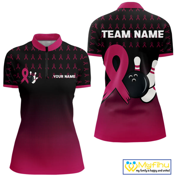 Black and Pink ribbon pattern Bowling shirts for Women Custom breast cancer bowling team jerseys NQS10158