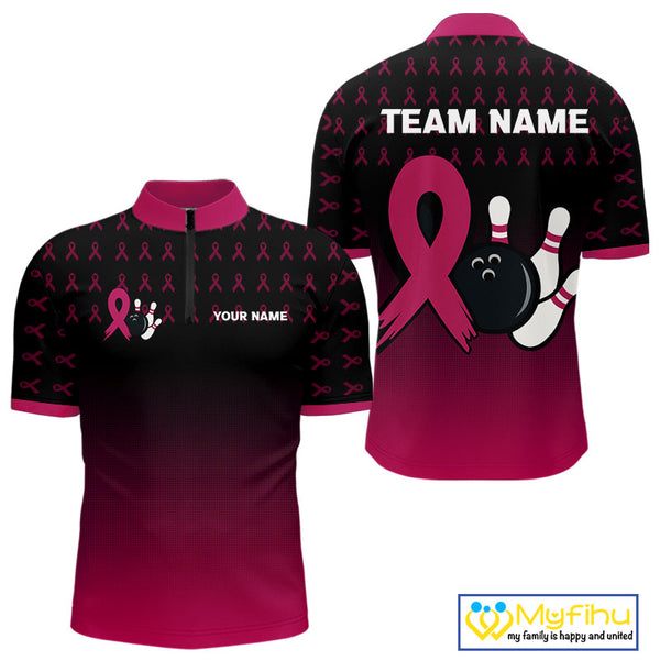 Black and Pink ribbon pattern Bowling shirts for Men Custom breast cancer bowling team jerseys NQS10158