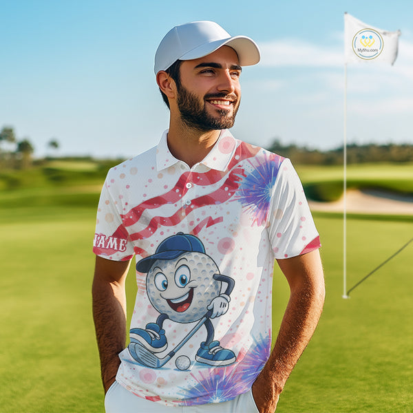 Funny Golf Ball Watercolor red, white and blue Mens golf polo shirts custom patriotic fun golf shirts NQS10293