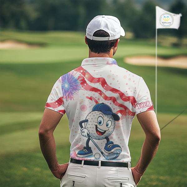 Funny Golf Ball Watercolor red, white and blue Mens golf polo shirts custom patriotic fun golf shirts NQS10293