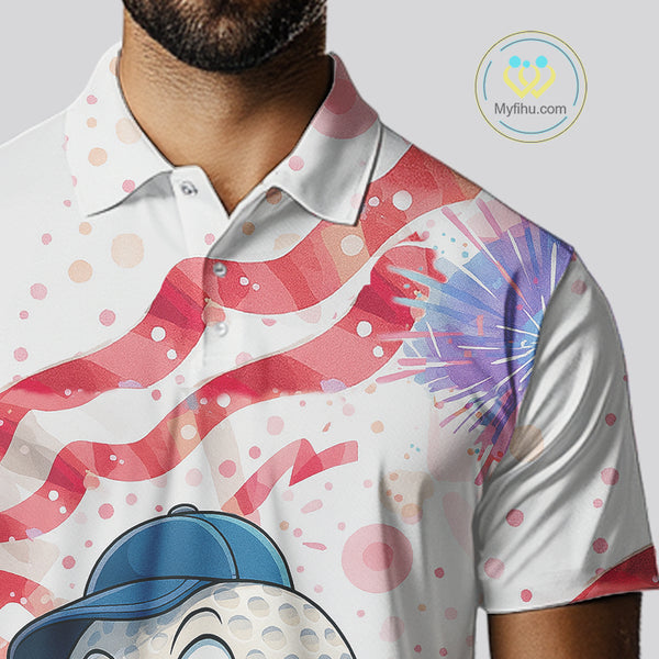 Funny Golf Ball Watercolor red, white and blue Mens golf polo shirts custom patriotic fun golf shirts NQS10293