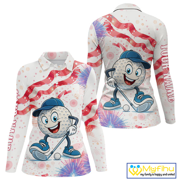 Funny Golf Ball Watercolor red, white and blue Women golf polo shirt custom patriotic fun golf shirts NQS10293
