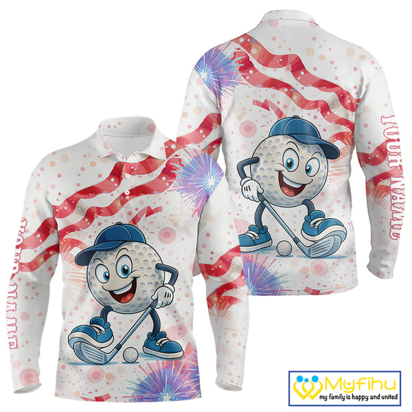 Funny Golf Ball Watercolor red, white and blue Mens golf polo shirts custom patriotic fun golf shirts NQS10293