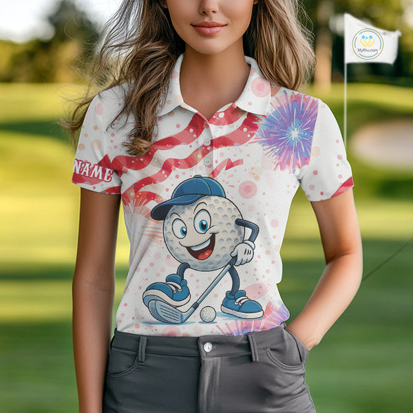 Funny Golf Ball Watercolor red, white and blue Women golf polo shirt custom patriotic fun golf shirts NQS10293