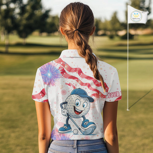 Funny Golf Ball Watercolor red, white and blue Women golf polo shirt custom patriotic fun golf shirts NQS10293